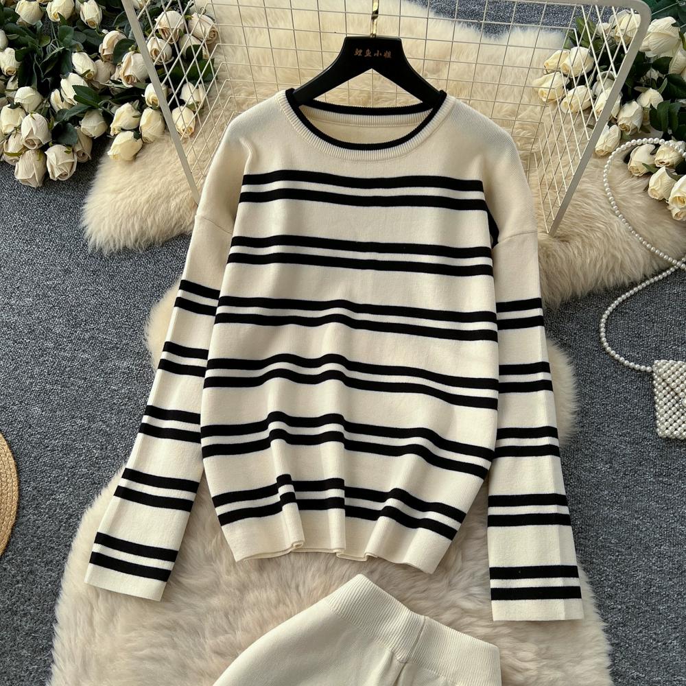 Осень Зима Женский Повседневный Полосатый Вязаный Свитер Брюки Комплект из двух предметов Пуловер с длинным рукавом Топы и Брюки с широкими штанинами Спортивный костюм