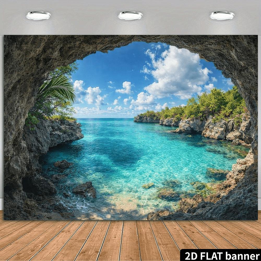 2D плоский фон с видом на море из прибрежной пещеры прозрачный бирюзовый как вода мелкий мягкий песок скалистый берег зеленые акценты