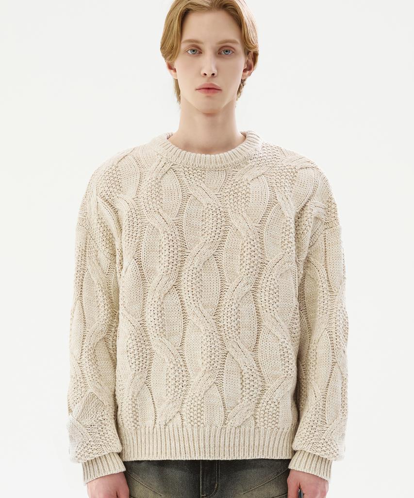 TRILLION Washable Big Cable Oversized Crew Neck Knit [Ivory]