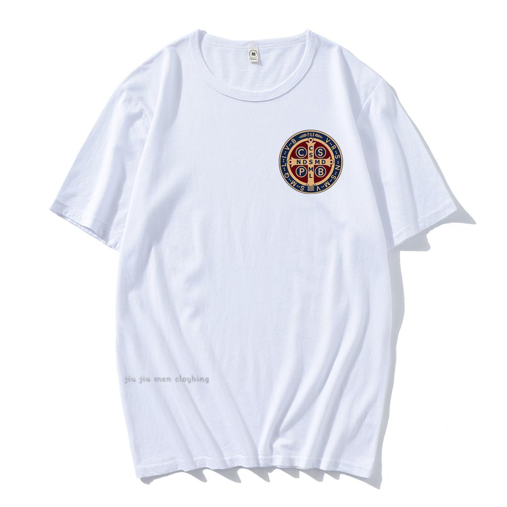 Футболка-пуловер с изображением католической медали Святого Бенедикта, мужская и женская повседневная хлопковая футболка с принтом, винтажная футболка Harajuku Oversize