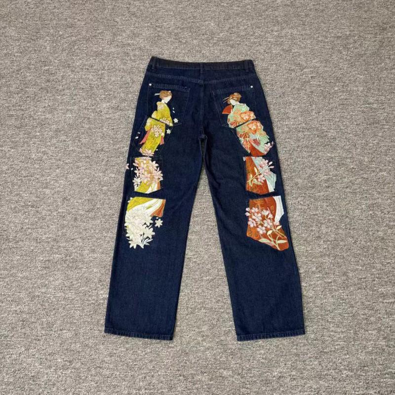 Mens Loose Straight Fit Denim Pants With Floral Embroidery Casual Streetwear Jeans