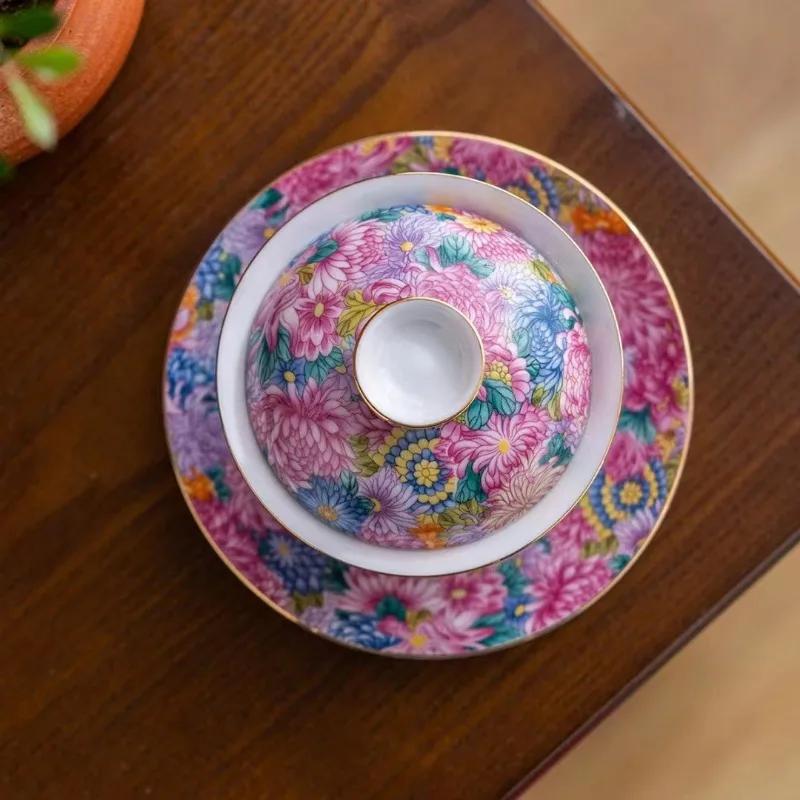 Ceramic Gaiwan with Cover, Teacup Light, Chinese Beauty Tea Infuser, Home Tea Set Accessories, Palace , Enamel Color