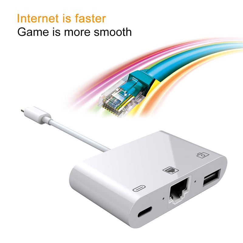 Высокоскоростной адаптер к проводной сети Ethernet RJ45 для iPhone/iPad с зарядкой и USB 3