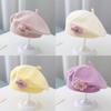 Flower Baby Beret Hat Solid Color Winter Warm Knitted Beanie Cap For Infant Girls Korean Toddler Princess Artist Painter Caps