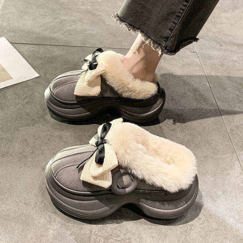 Cute Bow-tied Fluffy Slippers Women's Autumn and Winter New Fashionable Versatile Warm Piled Cotton Slippers