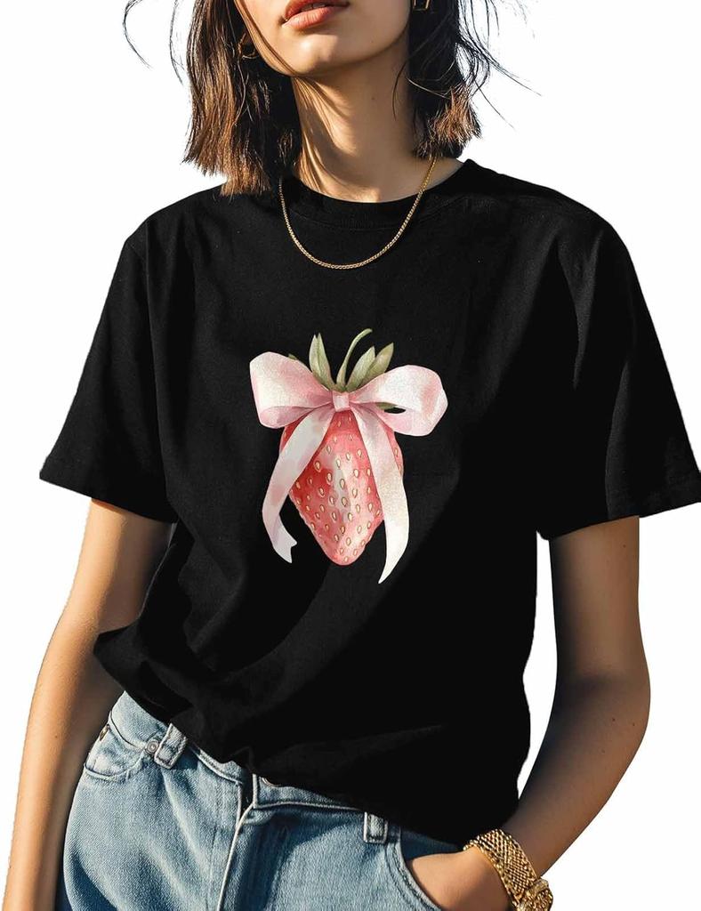 T Shirts for Women Graphic Tees Strawberry Crew Neck Short Sleeve Shirts for Women Pink Bow Casual T-Shirt