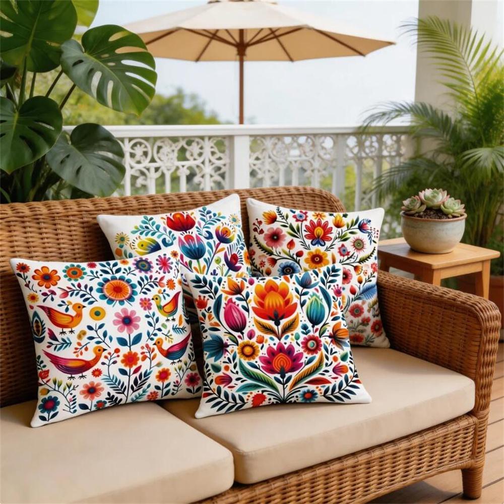 4Pcs Vibrant Mexican Folk Art Throw Pillow Covers - Red/Blue, Polyester, No Insert Included - Perfect For Sofa, Bed, Car