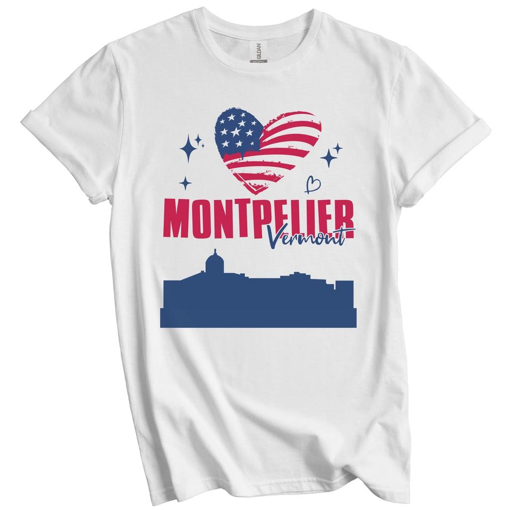 Montpelier Vermont Skyline American Flag Heart 4th of July T-Shirt
