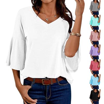 Повседневная женская однотонная футболка с v-образным вырезом и короткими рукавами, топ с рукавами