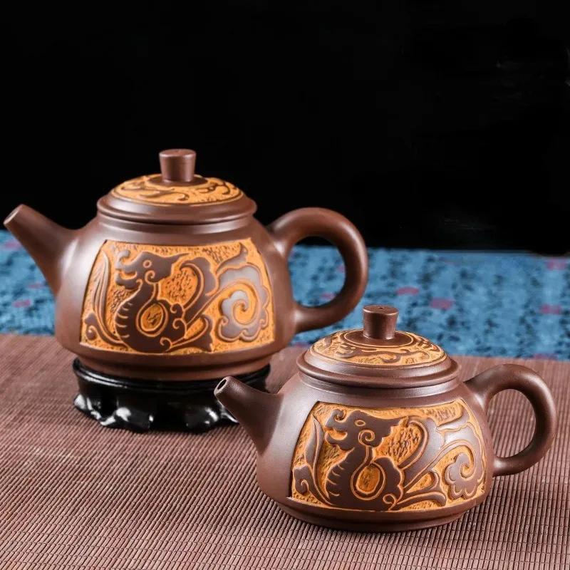 Yixing Large Capacity Purple Sand Bronze Antique Dragon Teapot for Brewing Tea, Household Ceramic Water Teapot and Tea Set 550ml