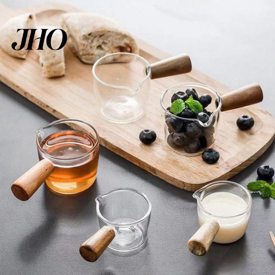 Milk Frothing Cup Coffee Pitcher with Wooden Handle Mini Glass Creamer Brewing Accessories for Espresso Small Sauce Dipping Bowl Measuring Scale