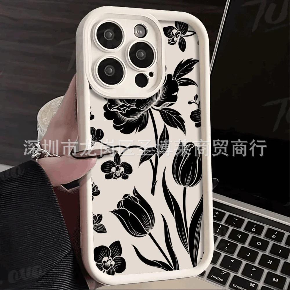 Черный цветок подходит для чехла на мобильный телефон Apple 17promax iPhone16/15 наждачный 14/13 защитный чехол 11