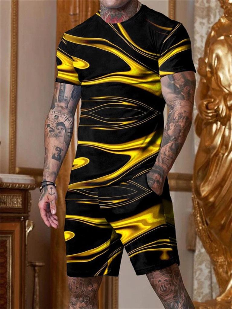 Male Casual Suit Fashion Summer Print T-shirt + Shorts 2 Piece Set O Neck Men's Sportswear Streetwear Tracksuit Men