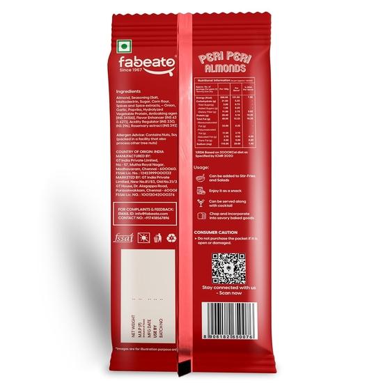 Fabeato Munch on the Go Snack Премиум Peri Peri Миндаль | Острый | Хрустящий | Богат белком Каждый пакетик 25 г | Упаковка из 10 штук