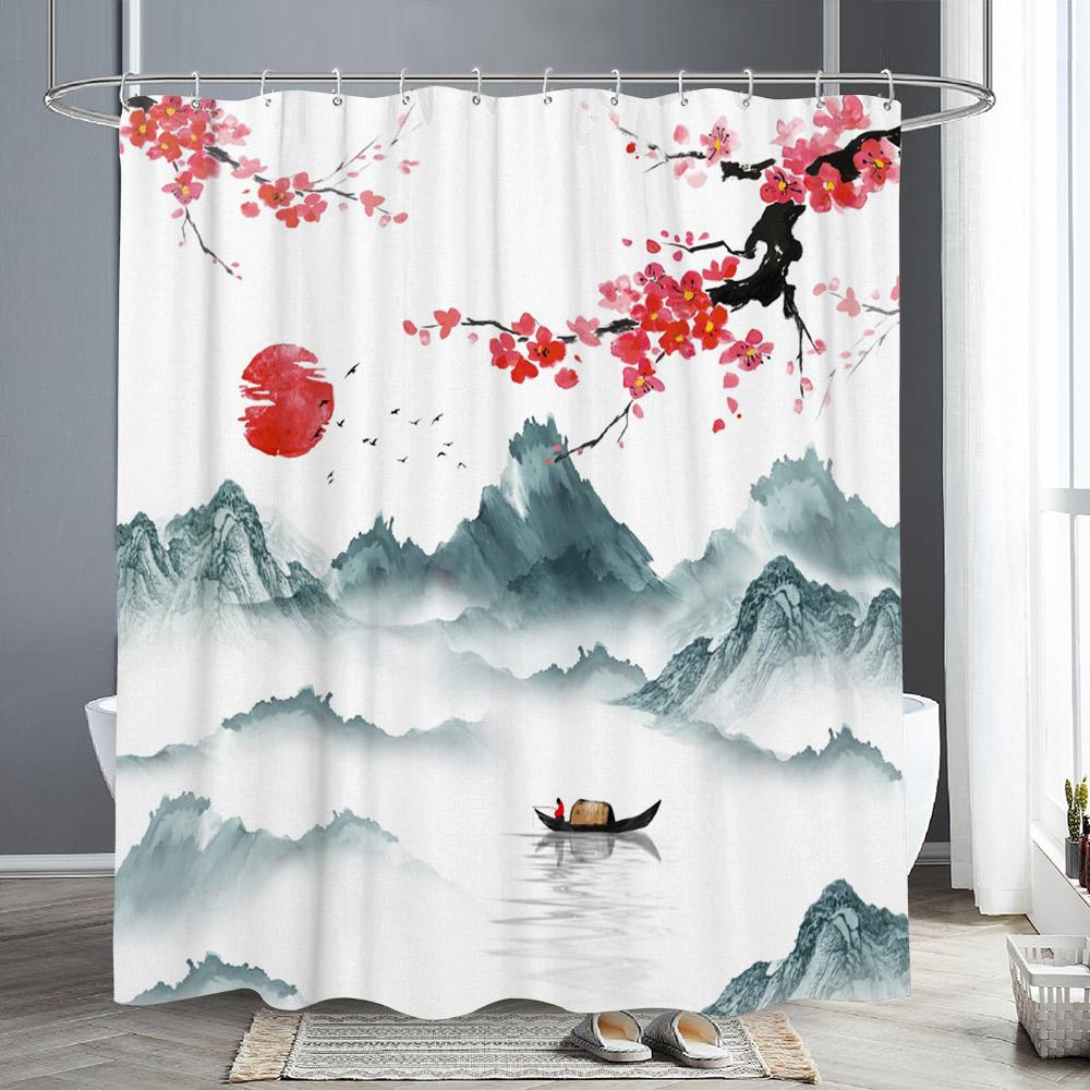 Ветка цветущей красной сливы Японская китайская занавеска для душа Восточное солнце Туманные горы Чернила Природа Пейзаж Ванная комната Искусство Шторы