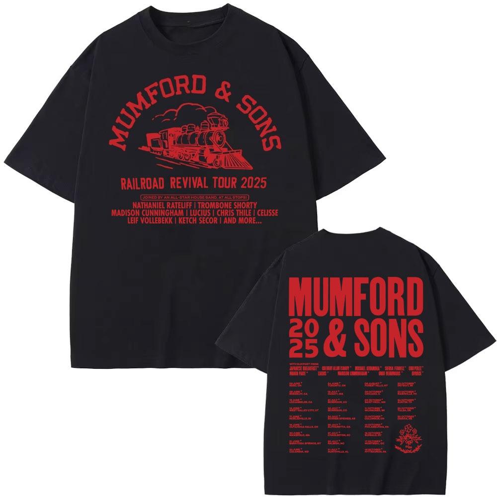 Mumford & Sons Railroad Revival Tour 2026 Печатная футболка Мужская Женская Высококачественная Повседневная Футболка Модная Ретро Чистый Хлопок Футболка