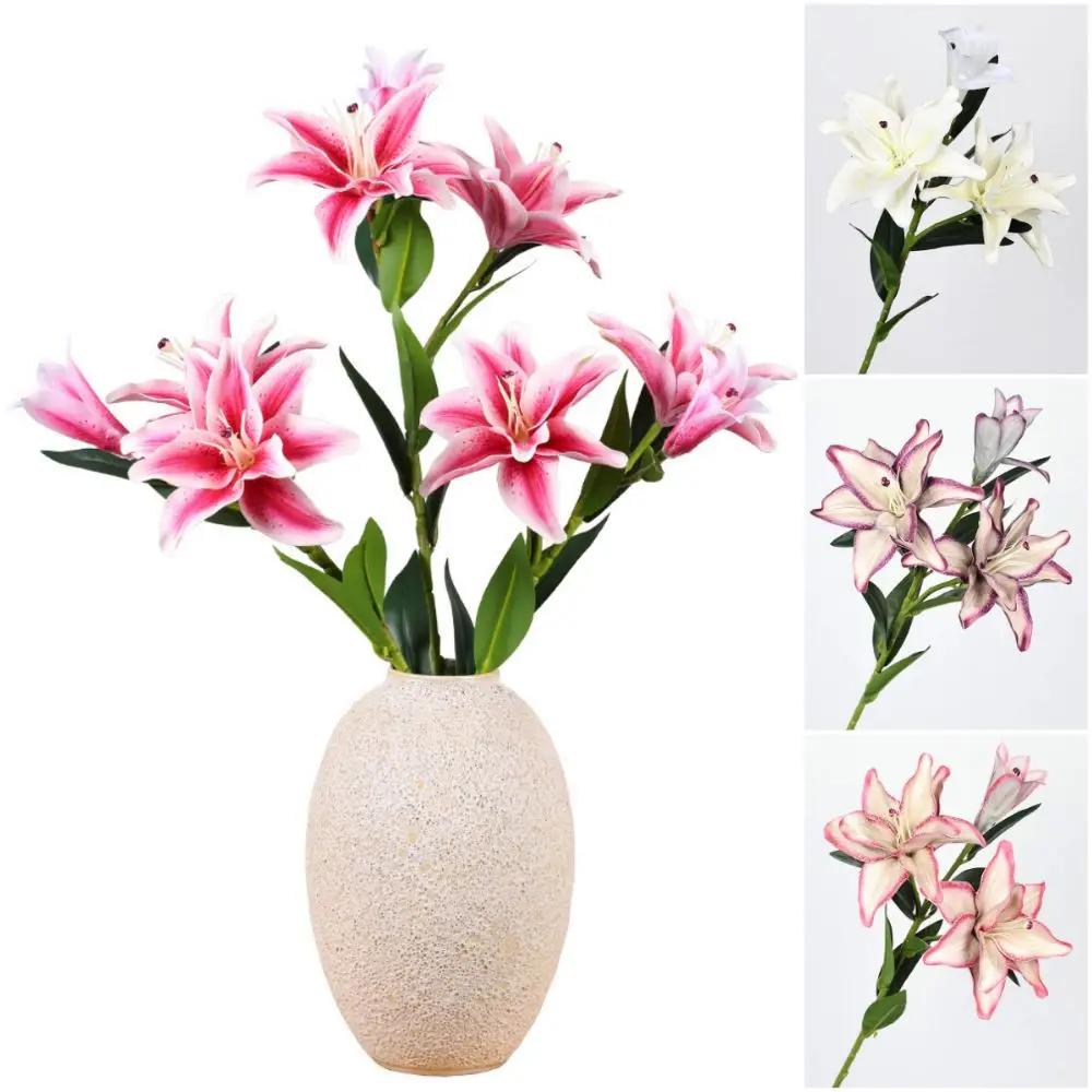 Realistic 3 Heads Lily Artifiical Flowers Multicolor Double Layers Artificial Flower PU Washable Fake Plants Wedding Supplies
