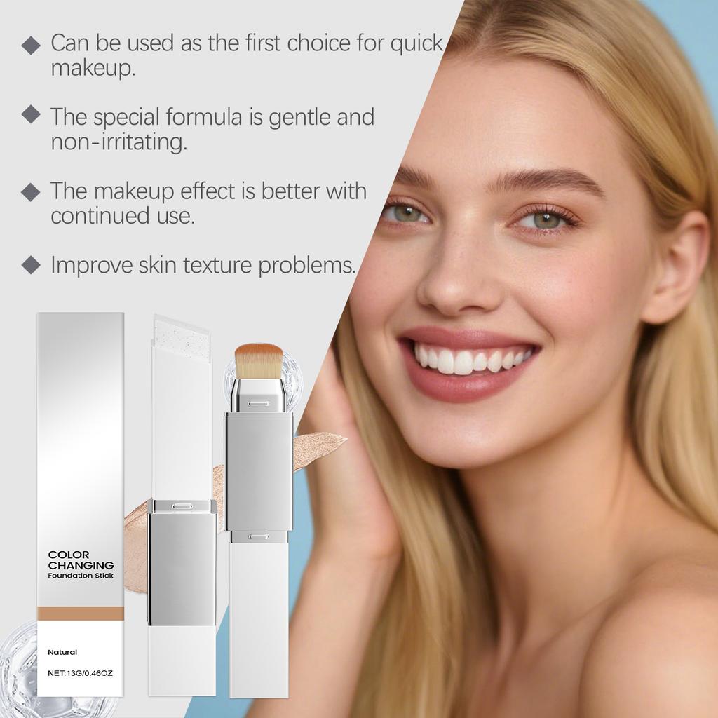 AMZ 2-in-1 Color-Changing Foundation Stick, Natural Color, Lightweight Texture, Matte Finish, Clear and Thin, Suitable for Daily Makeup