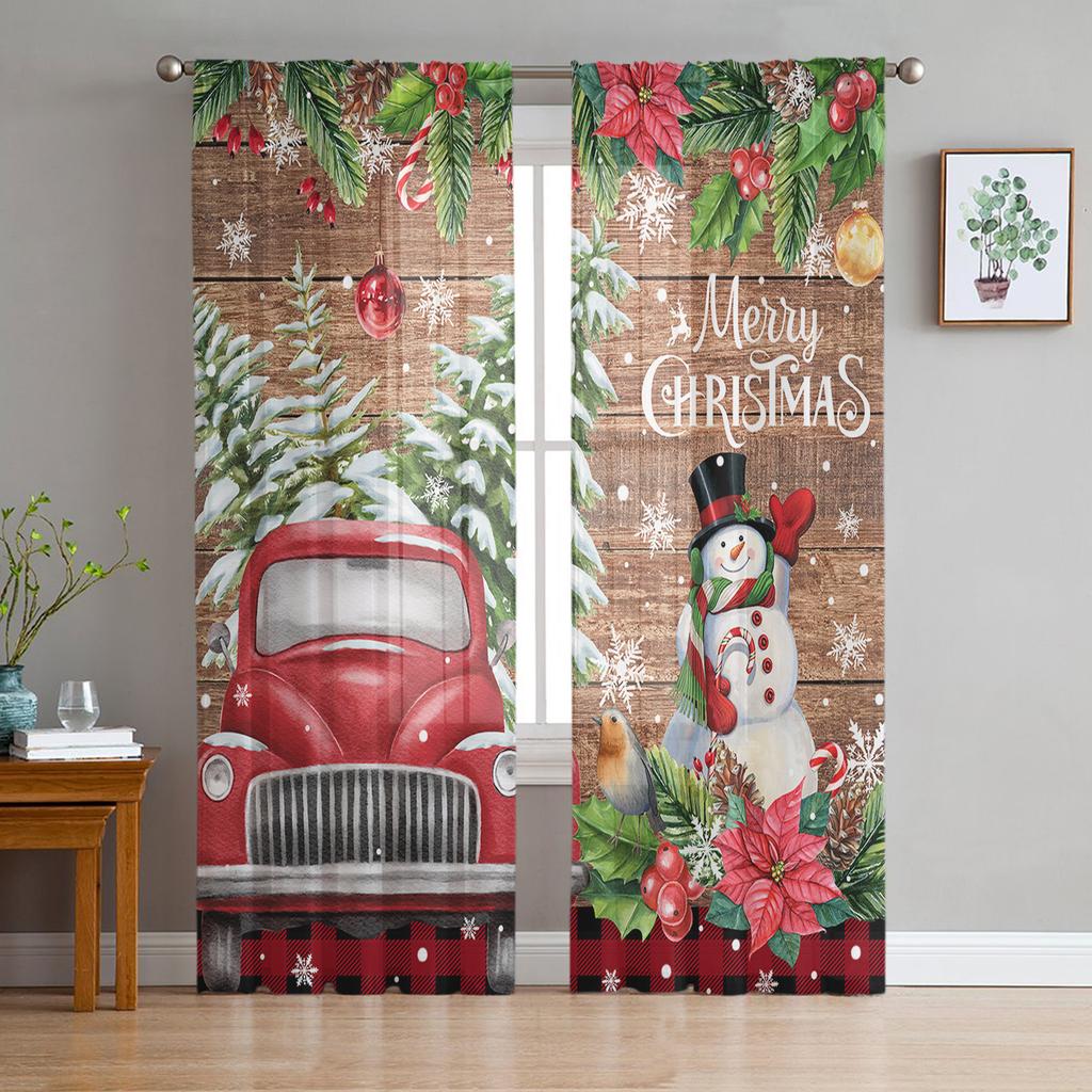 Christmas Tree Snowman Snowflake Gift Wood Grain Voile Curtains Bedroom Tulle Window Curtain Living Room Sheer Curtains Drapes