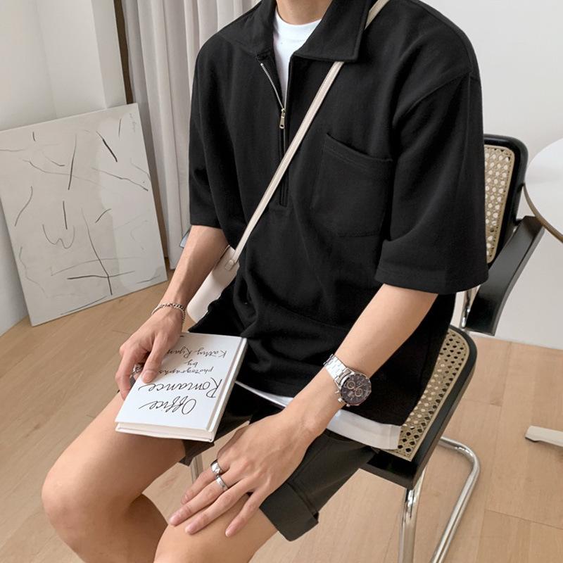 Мужская корейская рубашка-поло на молнии - летняя ретро-лацкан, свободный крой, модная футболка с короткими рукавами