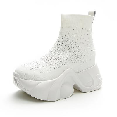 Модные новые 8 см эластичные трикотажные пинетки из ткани носок платформа танкетка щиколотки без застежек весна осень женская мода стразы блестящие туфли