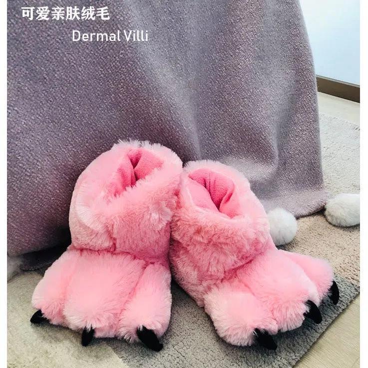 Пушистые коричневые тапочки с лапками и когтями унисекс для женщин и мужчин, толстые хлопковые тапочки с изображением животных и медведей, теплые зимние домашние тапочки из плюша