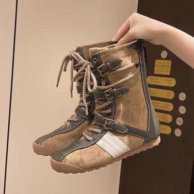 Мода Новый Стиль Мода Женские Роскошные Плоские Короткие Ботинки Обувь Женские Зимние Круглый Носок На шнуровке Плоские Ботинки Большой Размер Zapatos De Mujer