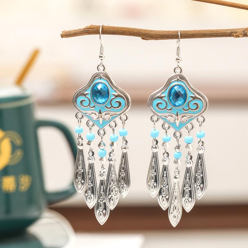 Classical Royal Style Texture Leaf Tassel Earrings Fashion Ethnic Enamel Rhinestone Elegant Earrings for Women Unique Jewelry