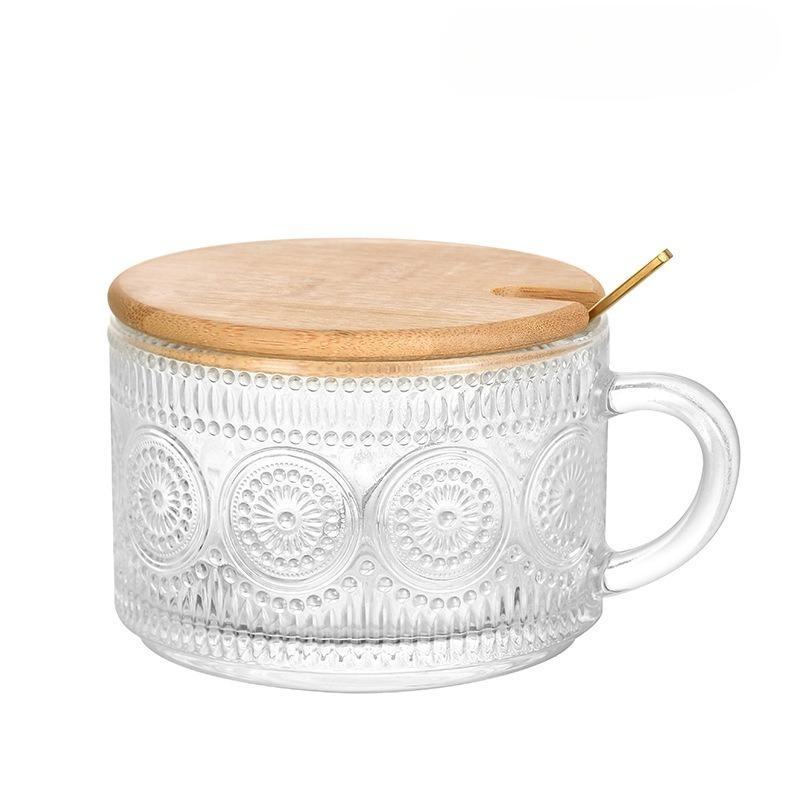 Винтажные кофейные кружки, контейнеры для овса на ночь с ложками, прозрачные стеклянные чашки с тиснением, идеально подходящие для капучино, чая, латте, кухонные принадлежности