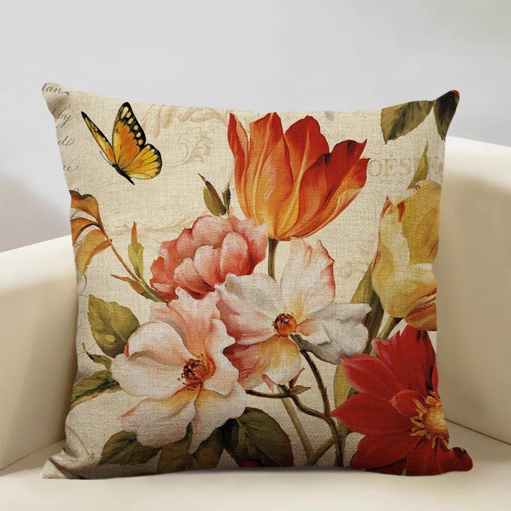 Чехол для подушки в стиле ретро 45x45 см, льняная наволочка для гостиной, декоративная наволочка с цветочным узором для сиденья автомобиля