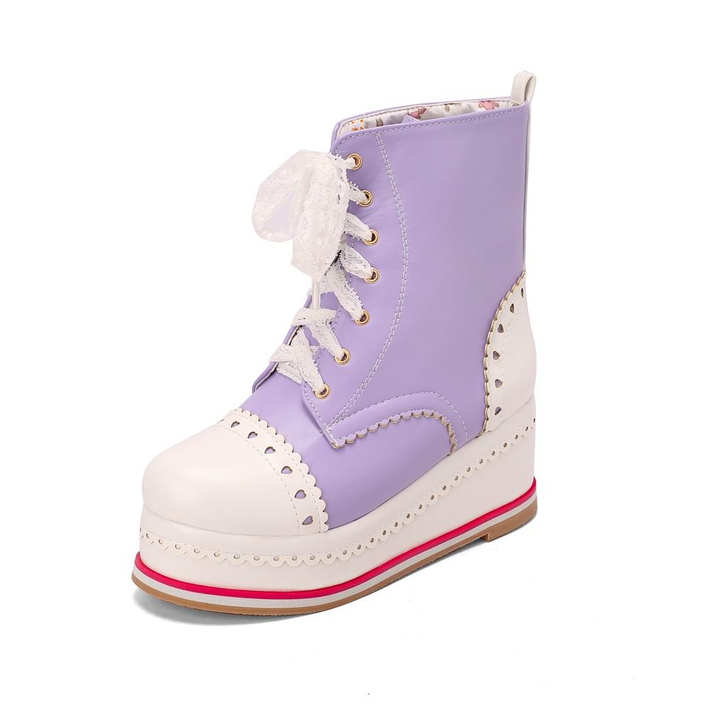 Lolita Style Sweet Girls Shoes Lace Up Platform Hidden Heels Wedges Princess Shoes Women Brock Ankle Boots Pink Plus Size 34-48