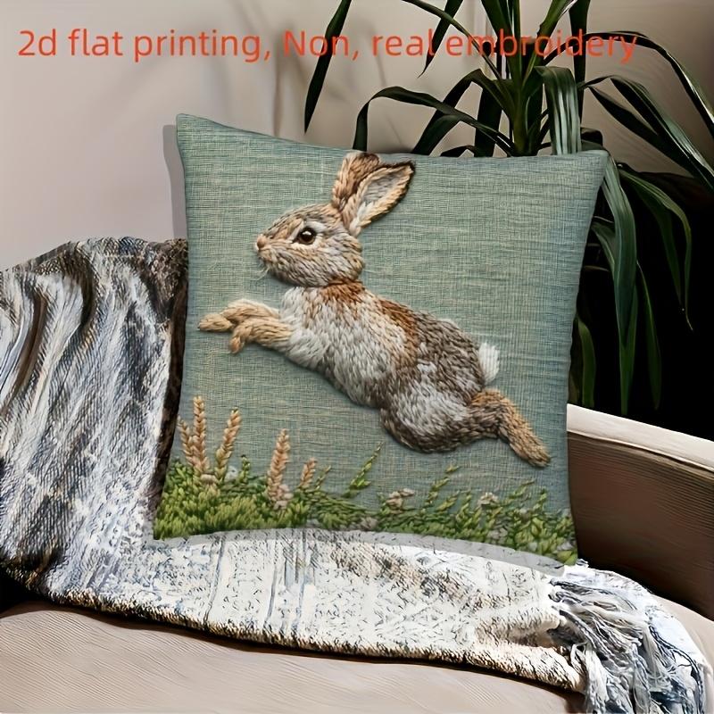 Easter Bunny Faux Embroidery Pillow Cover 2D Print Rustic Spring Decor Soft Linen Feel For Sofa Bed Living Room Easter Gifts