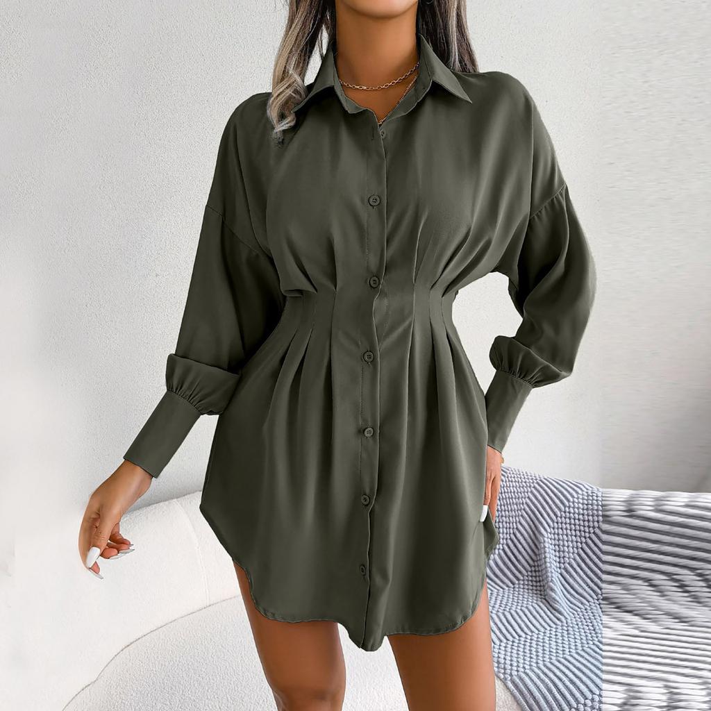 Women's Fashion Solid Color Long Sleeve Neck Waist Dress Shirt Dress