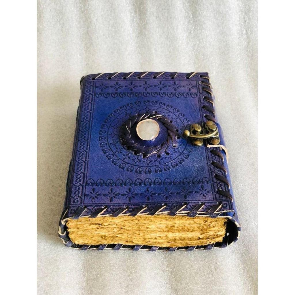 Leather Genuine Leather Journal with Semi Precious Stone - Lock Closure, Pages Antique Deckle Edge Paper 7 X 5 In