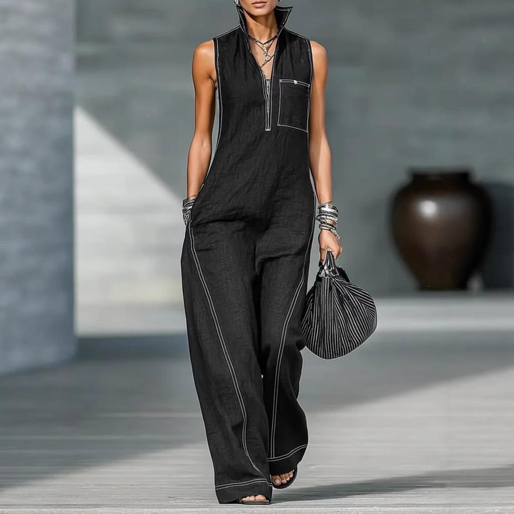 2026 new cross-border, European, American Amazon independent station women's stand-up collar sleeveless casual loose cotton and linen jumpsuit