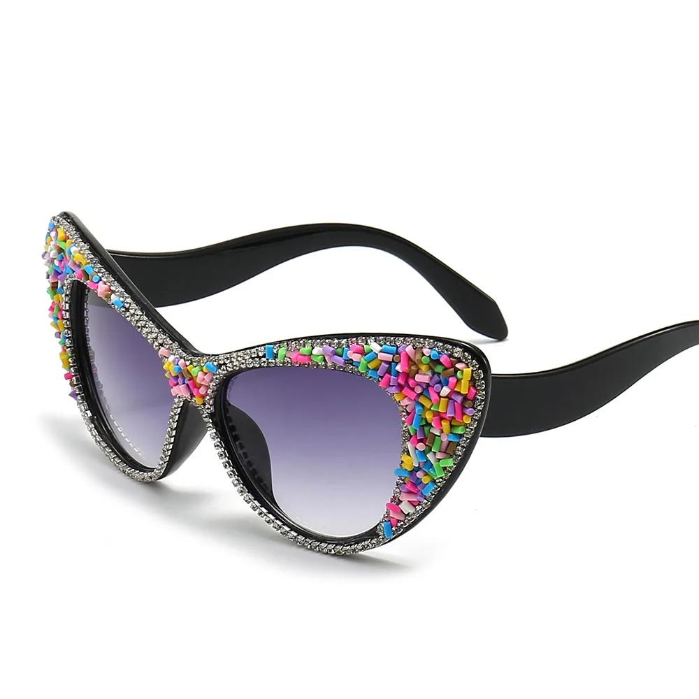 Винтажные Оверсайз Кошачий Глаз Солнцезащитные Очки Женские Роскошные Дизайнерские Панк Сексуальные Защита UV400 Алмазные Сахарные Оттенки