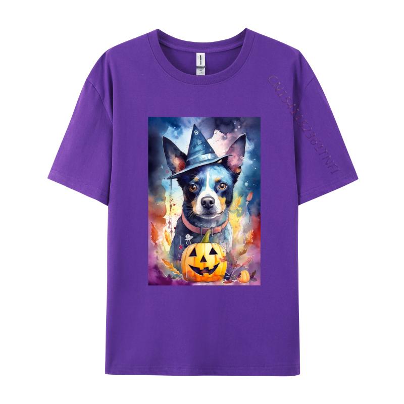 Halloween Blue Heeler With Pumpkins Dog T Shirt New Coming Cotton Adult T Shirt Slim Fit Fitted Round Neck TShirt