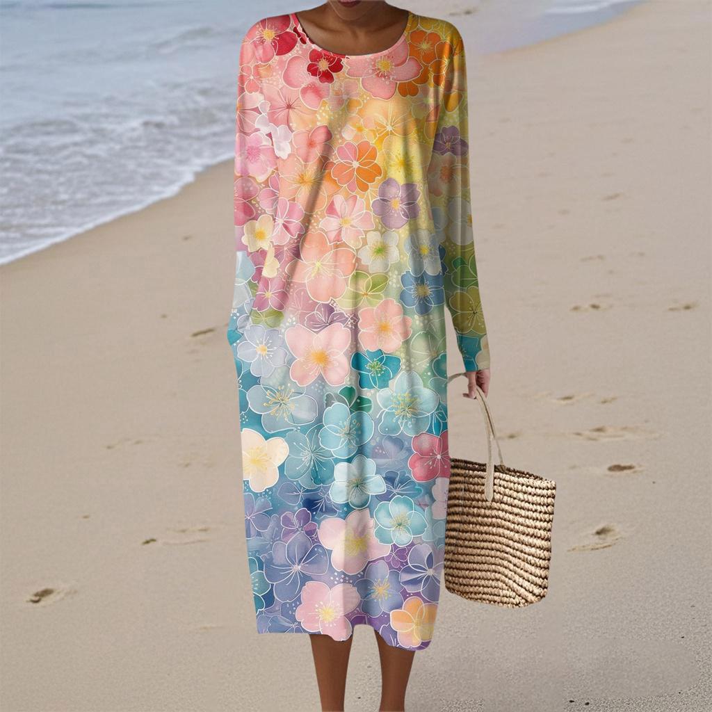 Women's Fashion Casual Long Sleeve Floral Print Round Neck Pocket Elegant Temperament Dress