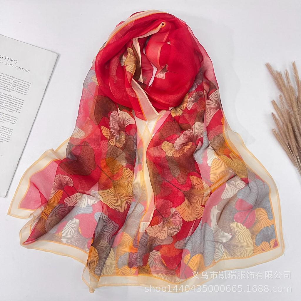 Новый длинный шелковый шарф с солнцезащитным кремом, тонкий искусственный шелк, весенне-летний женский шарф с принтом и украшением из жоржета