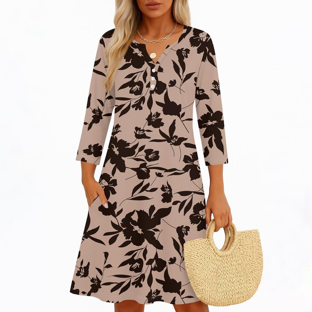 Платья для женщин Весенние сарафаны Женское повседневное платье с рукавом 3/4 V-образный вырез Бохо Платье с цветочным принтом