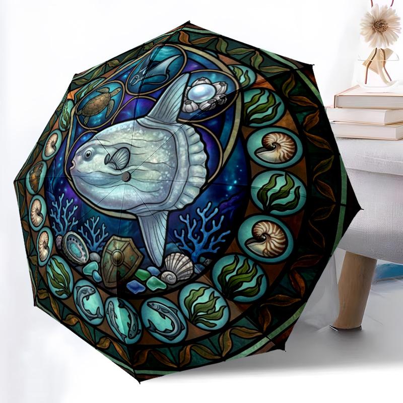 Ocean Life Glass pattern umbrella, portable and foldable design, 8 ribs, a casual accessory for Halloween, Christmas, and birthday gifts.