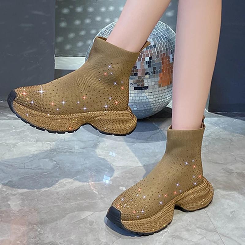 Fashion Crystal Flats Platform Ankle Sock Boots Women Shoes New 2024 Autumn Casual Fashion Women Boots Walking Travel Chaussures Femme