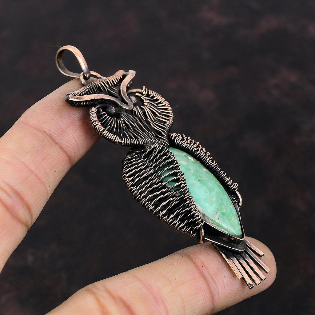 Подвеска из варисцита, обернутая медной проволокой, ювелирное изделие в виде совы из варисцита, новинка ручной работы, подвеска из драгоценного камня для подарка, ювелирное изделие из медной проволоки