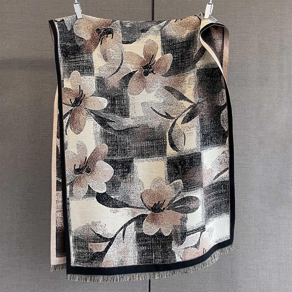 Осень новый универсальный клетчатый шарф с цветочным принтом персонализированный ретро цветовое сочетание цветочный узор шаль теплый шарф