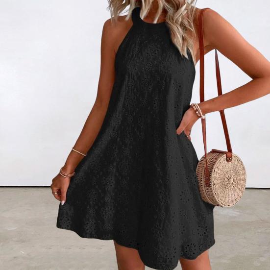 Пляжное платье без рукавов с круглым вырезом и открытыми плечами, сплошной цвет, свободный подол, женское летнее повседневное платье с лямкой на шее и цветком