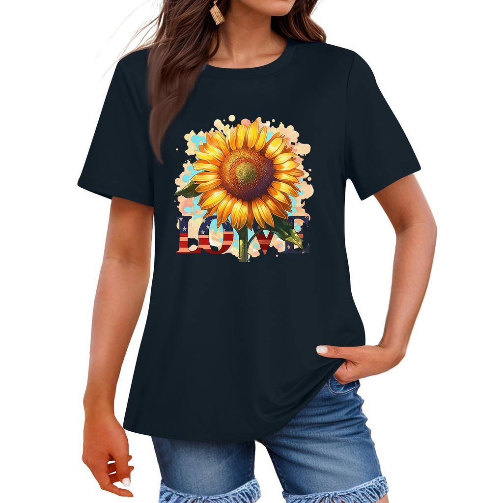 Women's Fashion Independence Day Printed Round Neck Short Sleeved Casual T-shirt Top