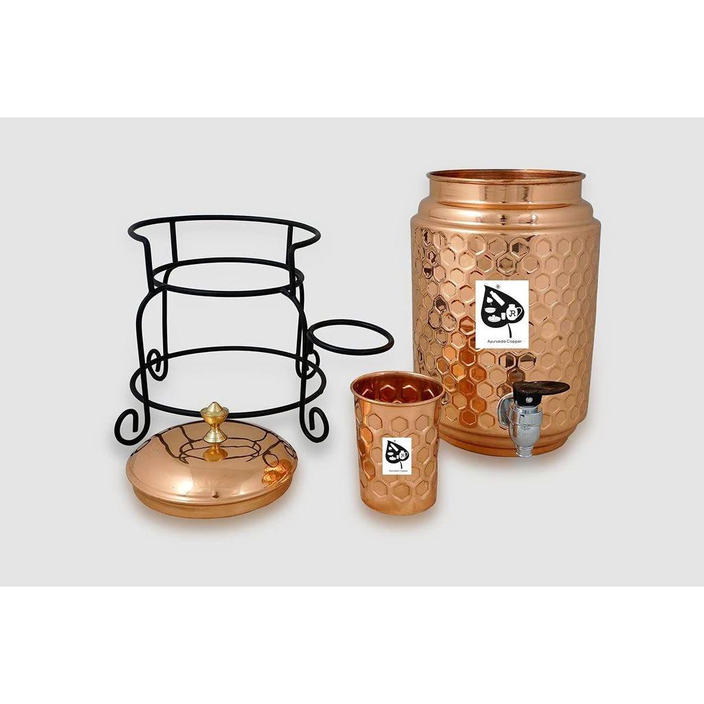 Медный диспенсер для воды с алмазной огранкой, 5 литров, бак Matka с 1 стеклянной и железной подставкой - 5000 мл