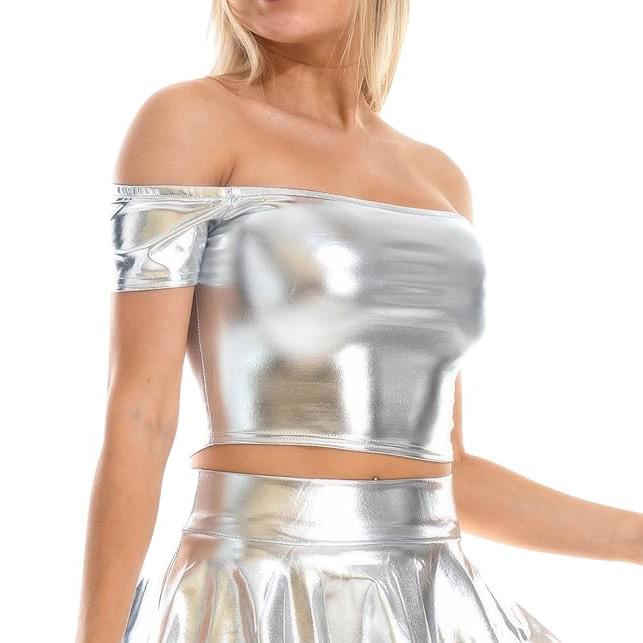 Женский блестящий металлический укороченный топ с открытыми плечами, однотонные клубные топы, футболка для танцевальной вечеринки, диско-ночи