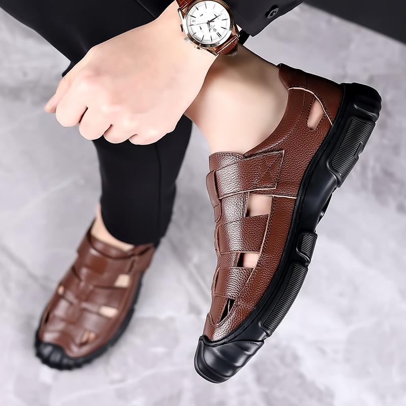Sandals Men's Summer Leather Breathable Velcro Hollow Leather Shoes Men's Non-slip Soft Sole Casual Shoes Rubber Sole