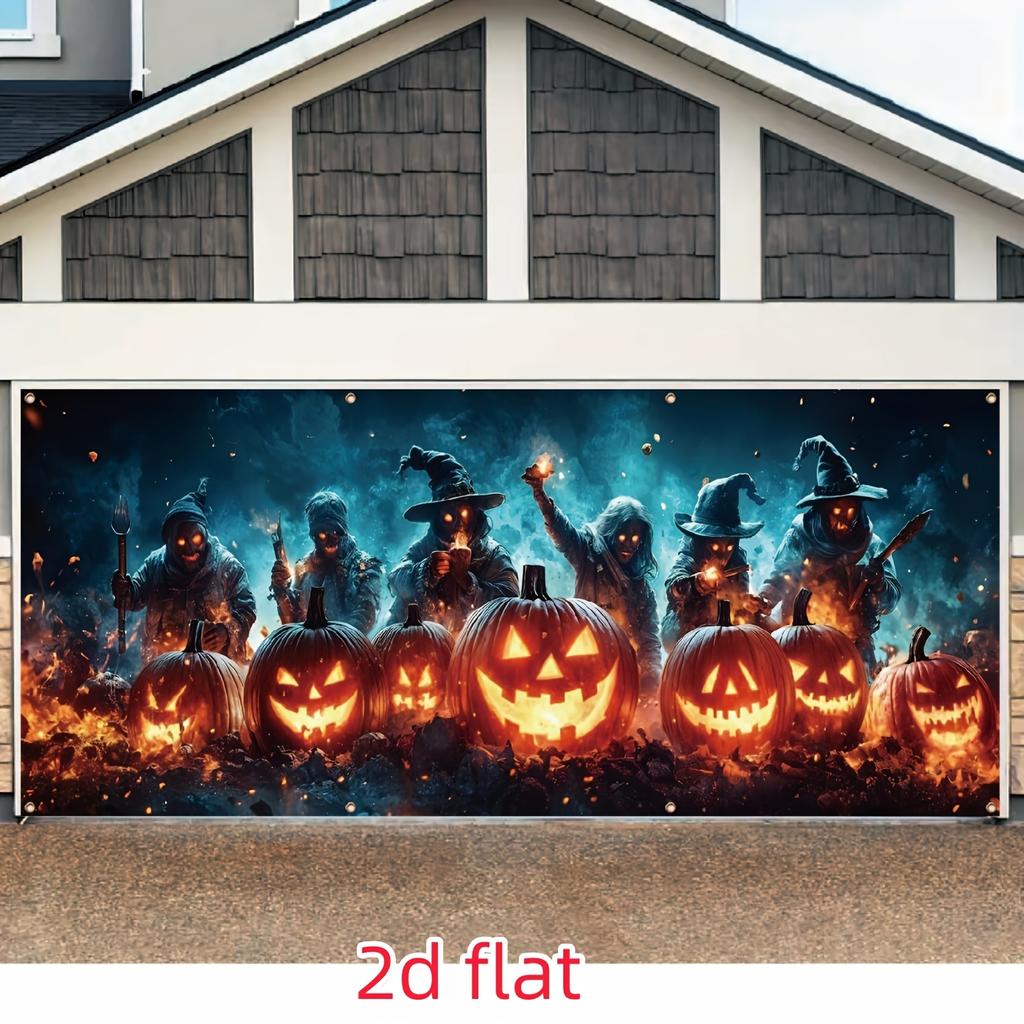 1 piece of Halloween garage door banner, polyester fabric 100% pumpkin-headed soldier polyester bannerXY